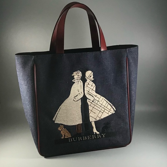 RARE Vintage Burberry Embroidered with Red Leather Trim Handbag Blue Denim Tote - Picture 2 of 16